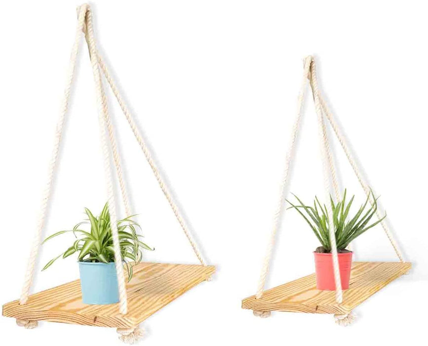 Set of 2 Wooden Floating Shelves with Rope String Hanging Shelves for Home Décor - ( BOHO collection)