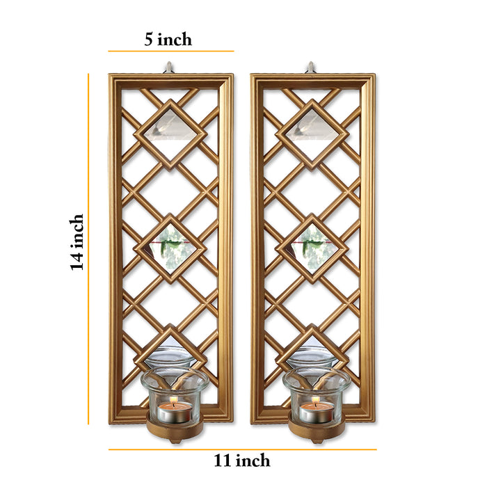 Set of 2 Tealight candle holder with decorative Mirror for home décor (size;-14x5) Inches color-golden)