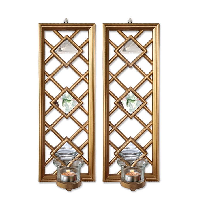 Set of 2 Tealight candle holder with decorative Mirror for home décor (size;-14x5) Inches color-golden)