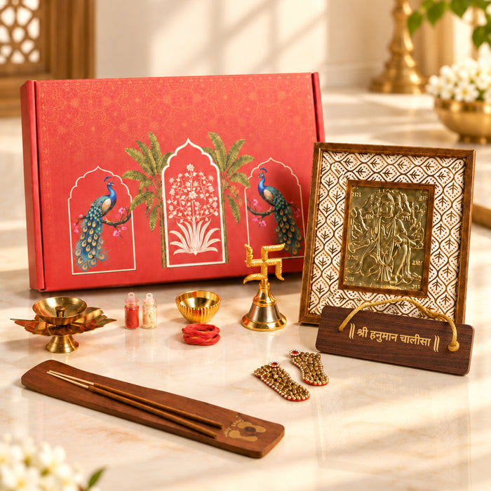 Diwali Pooja Gift Box with Brass Diya, Bell, Hanuman Chalisa Frame & Puja Accessories | Diwali Gift Hamper