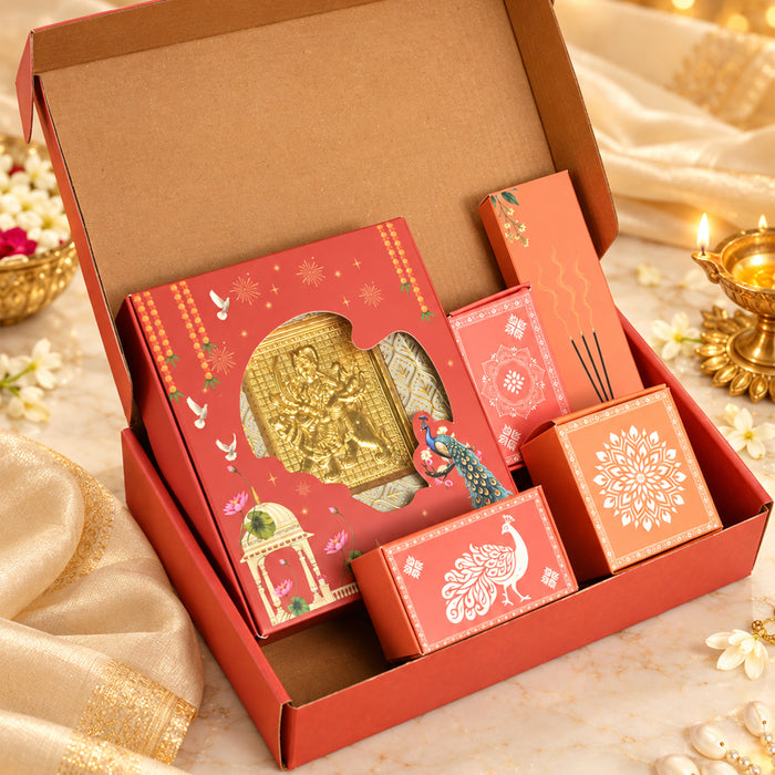 Diwali Pooja Gift Box with Brass Diya, Bell, Hanuman Chalisa Frame & Puja Accessories | Diwali Gift Hamper