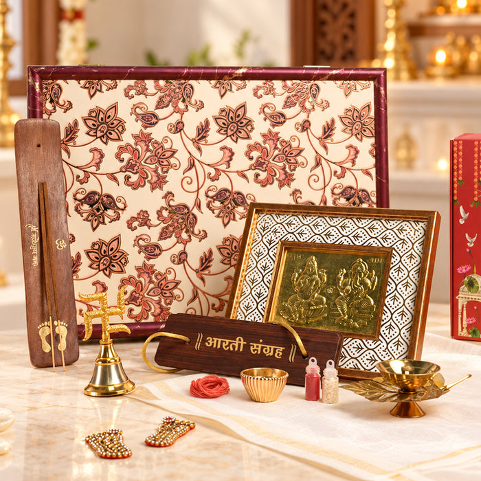 Diwali Pooja Gift Box with Brass Diya, Bell, Hanuman Chalisa Frame & Puja Accessories | Diwali Gift Hamper