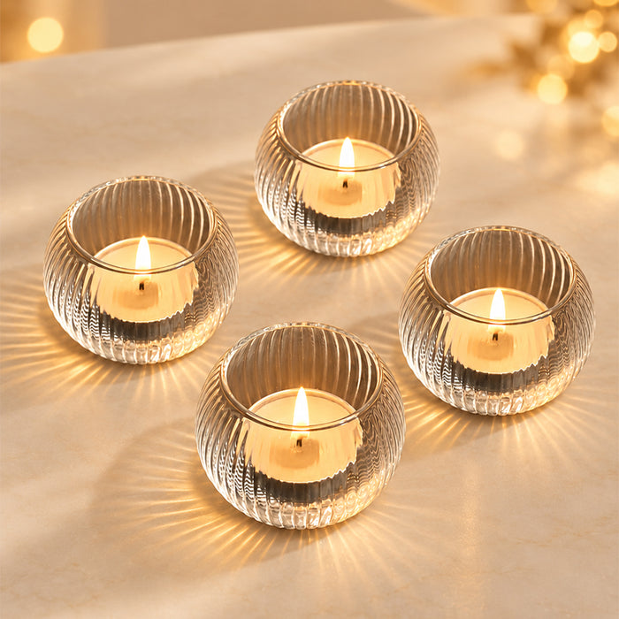 Set of 4 Glass Round Votive Candle Holders, Tea Light Cups for Diwali Decoration & Festive Home Decor (5x4.5 cm)