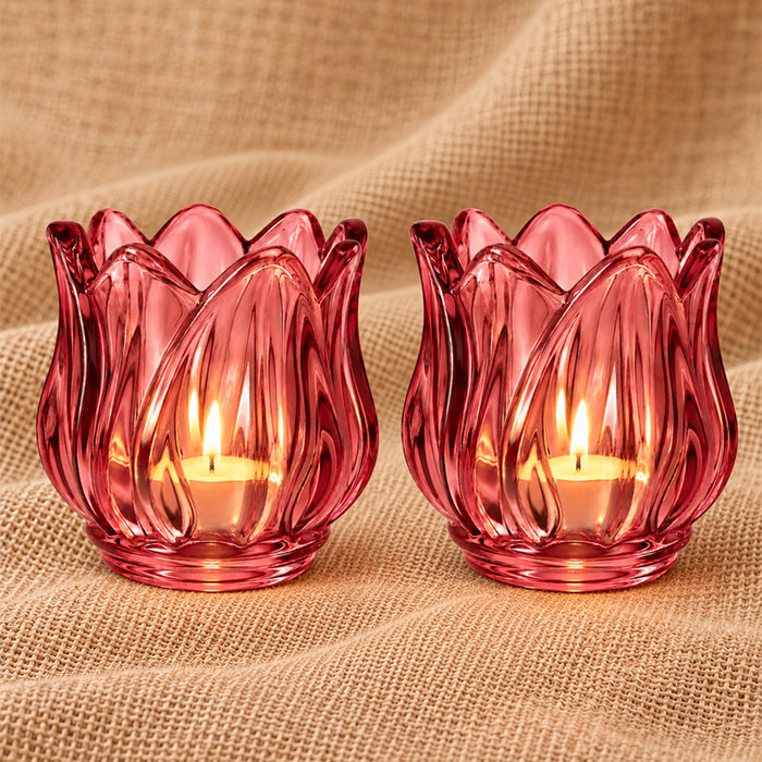 Set of 2 Pink Flower Shaped Glass Votive Candle Holders, Lotus Tea Light Stands for Diwali Decoration & Festive Home Decor (8x6 cm)