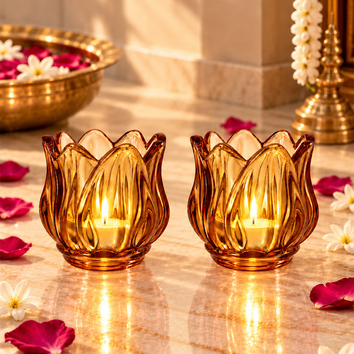 Set of 2 Pink Flower Shaped Glass Votive Candle Holders, Lotus Tea Light Stands for Diwali Decoration & Festive Home Decor (8x6 cm)