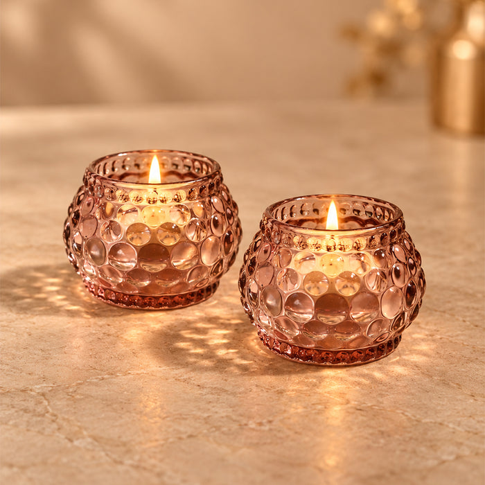 Set of 2 Pink Glass Votive Candle Holders, Decorative Tea Light Holders for Diwali Decoration & Festive Home Decor (5x4.5 cm)