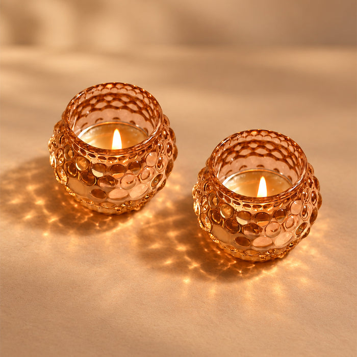 Set of 2 Pink Glass Votive Candle Holders, Decorative Tea Light Holders for Diwali Decoration & Festive Home Decor (5x4.5 cm)