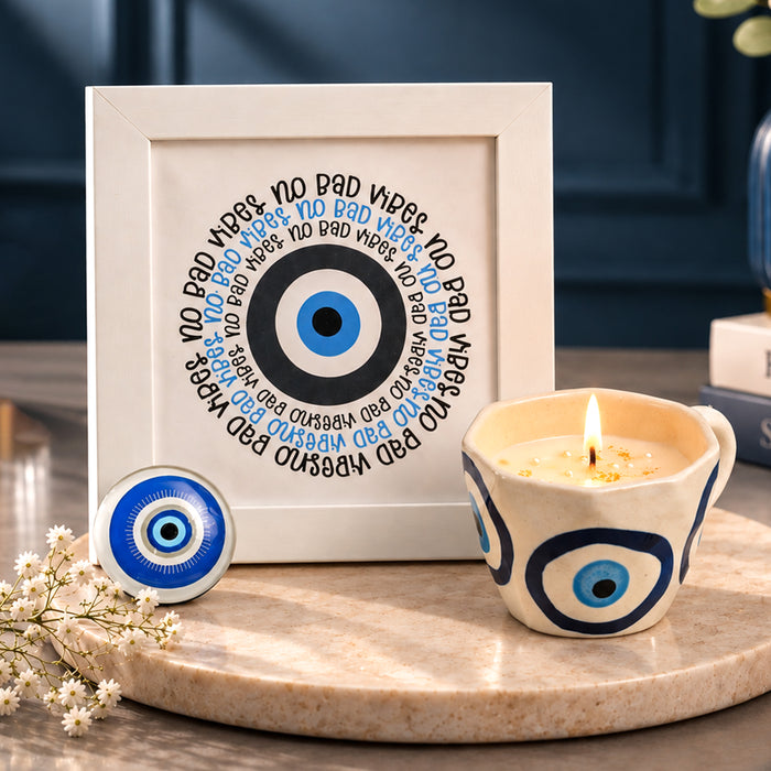 Diwali Evil Eye Gift Set with Photo Framed Art, Evil Eye Scented Candle & Round Coaster