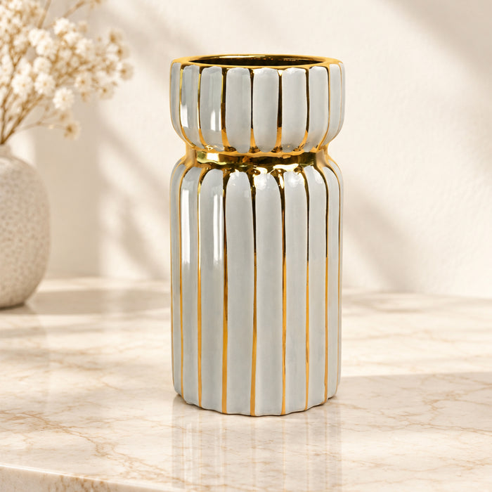 Ceramic Flower Vase For Living Room| Modern Decorative Home Décor| Flower Vase for Centerpieces & Tables| New Year, Christmas Decoration (Grey, 4.5x9.7 Inch)| Free Flower Stick with Vase