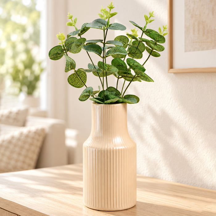 Pleated Ceramic Vase| Decorative Flower Pot for Home| Wedding, Living Room, Bedroom & Office Décor| New Year, Christmas Décor (Only Vase, 4x6 Inch)| Free Flower Stick with Vase