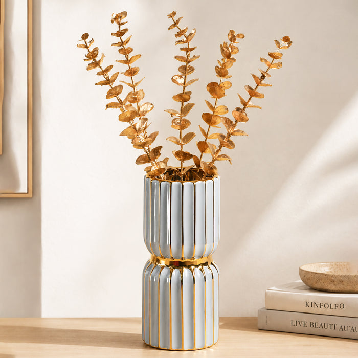 Ceramic Flower Vase For Living Room| Modern Decorative Home Décor| Flower Vase for Centerpieces & Tables| New Year, Christmas Decoration (Grey, 3.8x7.5 Inch)| Free Flower Stick with Vase