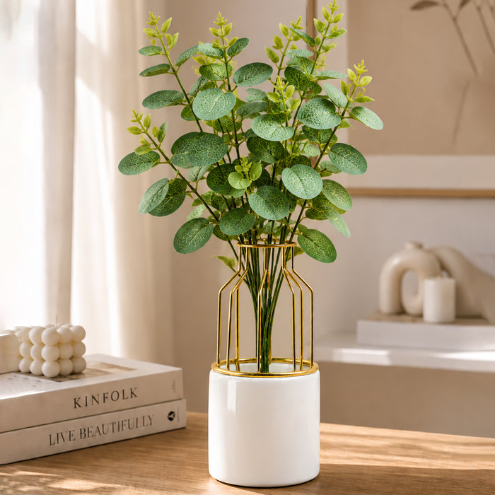 Ceramic Vase with Gold Metal Finish| White Flower Pot for Home| Living Room, Bedroom & Office Décor| Vase for Gift| Size 7x3 Inch| Free Flower Stick with Vase