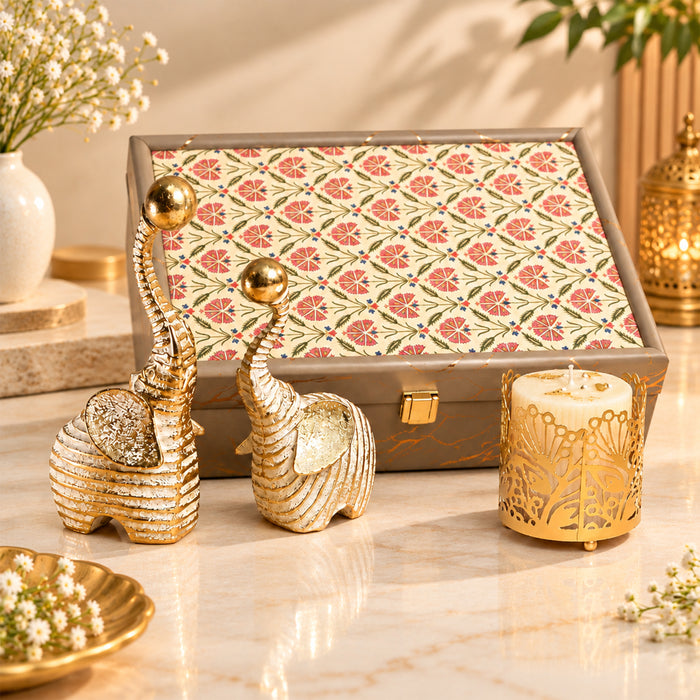 Diwali Luxury Gift Box with Gold Textured Elephant Figurine & Cutout Metal Votive Candle Holder in Satin-Lined Wooden Box