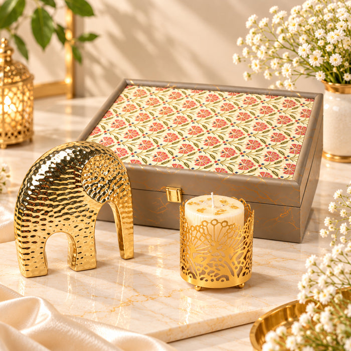Diwali Luxury Gift Box with Gold Textured Elephant Figurine & Cutout Metal Votive Candle Holder in Satin-Lined Wooden Box
