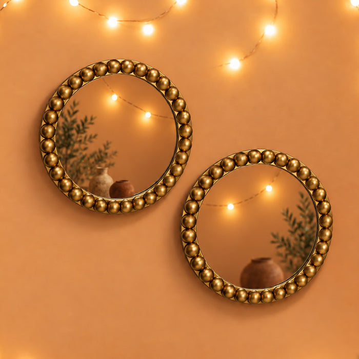Round Wall Mirror Set of 2, Golden Beaded Frame Decorative Wall Mirrors for Living Room, Bedroom & Home Decor (10x10 Inch)