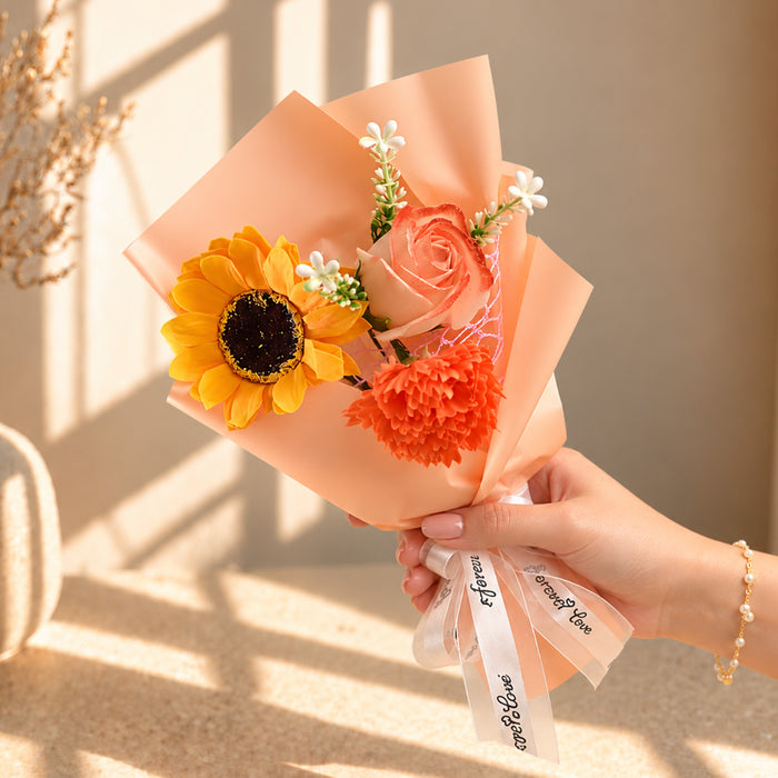 Artificial Flower Bouquet with Sunflower, Rose & Carnation in Peach Wrap, Mini Floral Gift for Birthday, Anniversary & Special Occasions