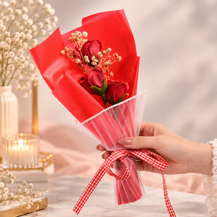 Red Artificial Rose Bouquet with Baby’s Breath, Mini Flower Gift for Anniversary, Birthday, Valentine’s Day & Romantic Occasions