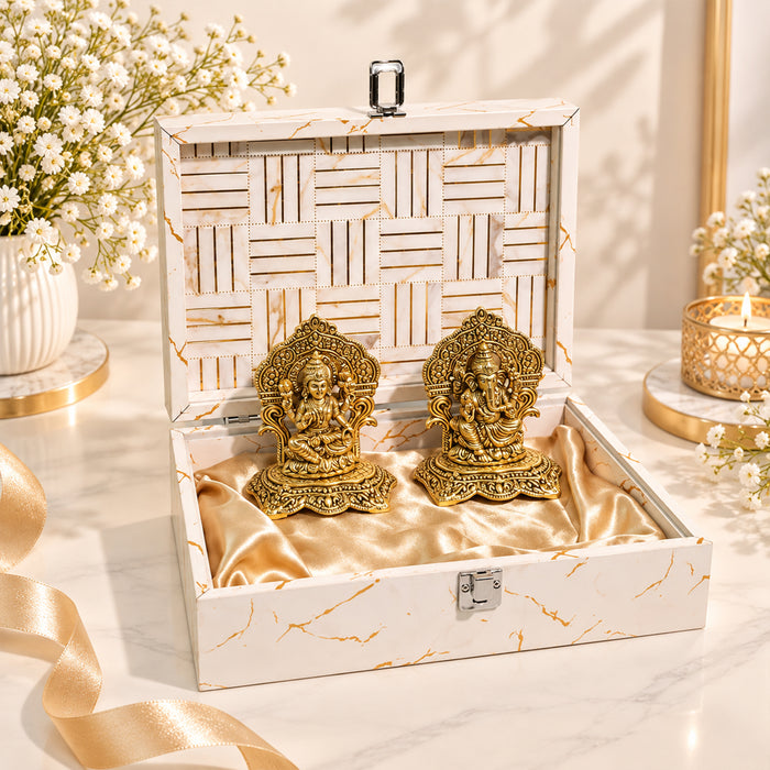 Art Street Lakshmi Ganesha Idol Set with White Marble Finish Box, Antique Gold Diwali Gift Box for Home Decor