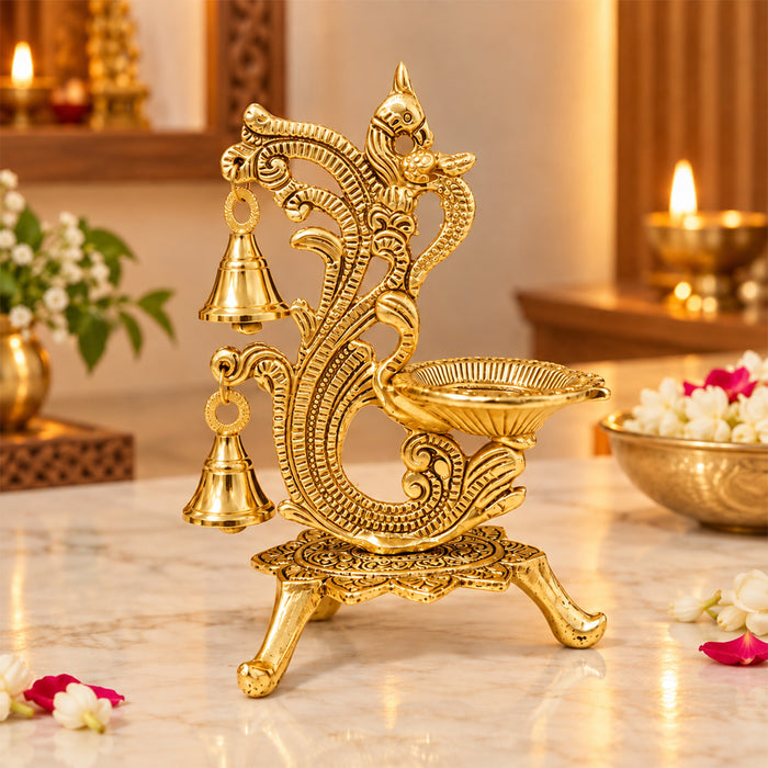 Diwali Peacock Diya Stand with Hanging Bells, Antique Decorative Oil Lamp for Pooja, Home Temple, Diwali & Festive Decoration