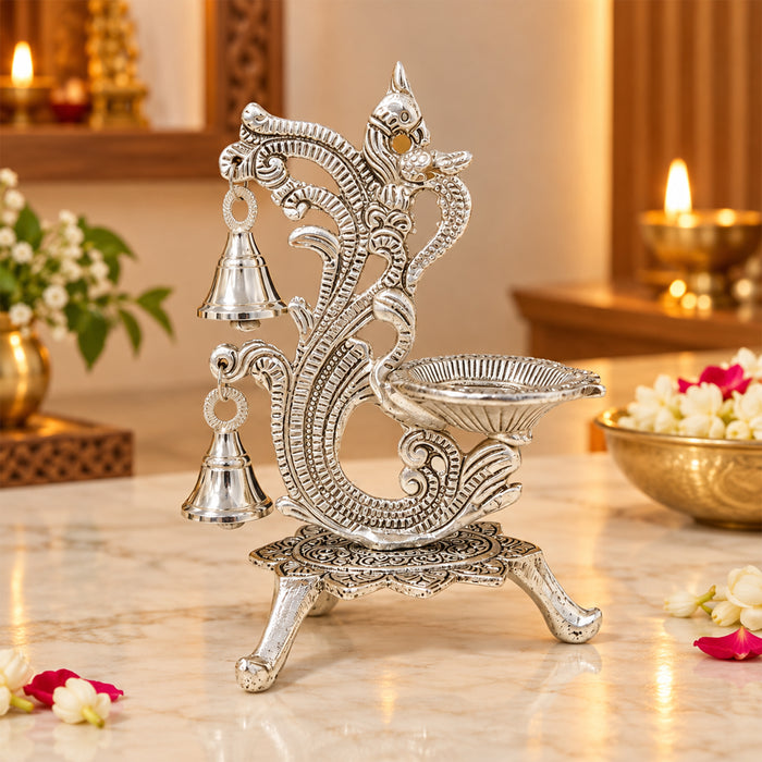 Diwali Peacock Diya Stand with Hanging Bells, Antique Decorative Oil Lamp for Pooja, Home Temple, Diwali & Festive Decoration