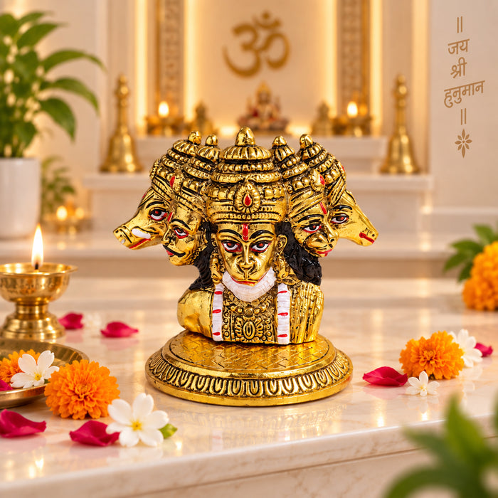 Antique Panchmukhi Hanuman Idol, Decorative Brass Finish Spiritual Statue for Mandir & Home Decor