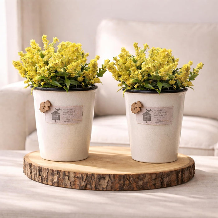 Ceramic Flower Pot with Artificial Yellow Flowers | Decorative Tabletop Planter for Home, Office