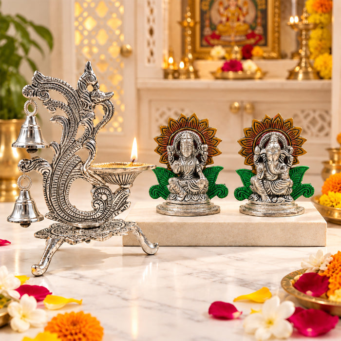 Lakshmi Ganesha Idol Set with Silver Peacock Diya Stand, Decorative Metal Puja Set for Temple Home Decor
