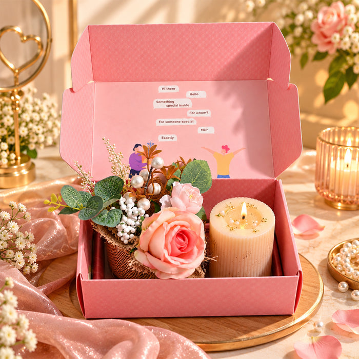 Diwali Gift Set with Pink Artificial Rose Pot, Scented Candle & Candle, Decorative Festive Gift Box for Diwali, Home Décor, Family & Friends Gifting