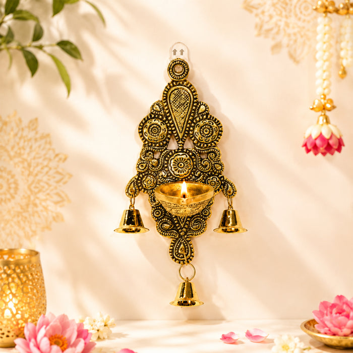 Brass Wall Hanging Diya with Bells, Decorative Oil Lamp Candle Holder for Diwali Puja, Temple & Home Decor