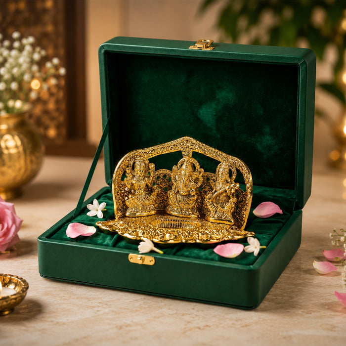 Gold Plated Laxmi Ganesh Saraswati Idol Statue Frame Set for Diwali Puja, Mandir, Home Decor & Festive Gifting