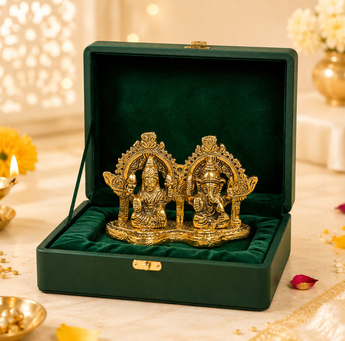 Antique Brass Laxmi Ganesh Statue Set, Metal Lakshmi Ganesha Idol Murti for Diwali Puja, Mandir & Gifting