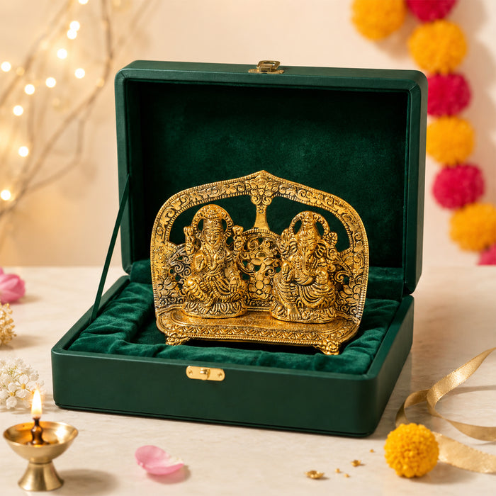 Gold Plated Laxmi Ganesh Statue Frame, Metal Lakshmi Ganesha Idol Murti for Diwali Puja, Decor & Gifting