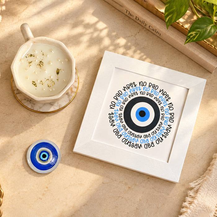 Diwali Evil Eye Gift Set with Photo Framed Art, Evil Eye Scented Candle & Round Coaster