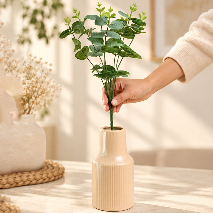 Pleated Ceramic Vase| Decorative Flower Pot for Home| Wedding, Living Room, Bedroom & Office Décor| New Year, Christmas Décor (Only Vase, 4x6 Inch)| Free Flower Stick with Vase