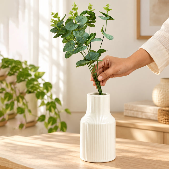 Pleated Ceramic Vase| Decorative Flower Pot for Home| Wedding, Living Room, Bedroom & Office Décor| New Year, Christmas Décor (Only Vase, 4x6 Inch)| Free Flower Stick with Vase