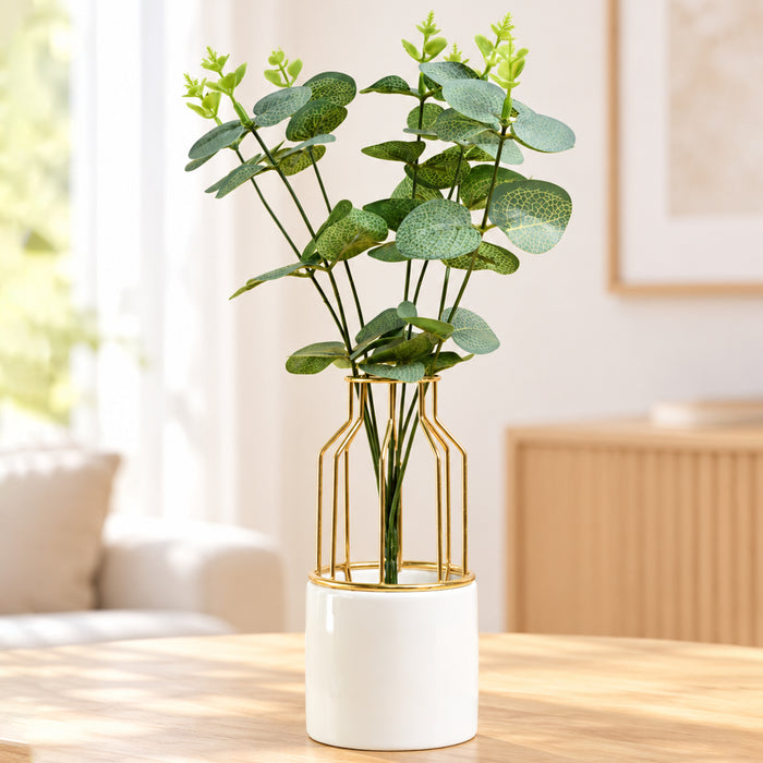 Ceramic Vase with Gold Metal Finish| White Flower Pot for Home| Living Room, Bedroom & Office Décor| Vase for Gift| Size 7x3 Inch| Free Flower Stick with Vase