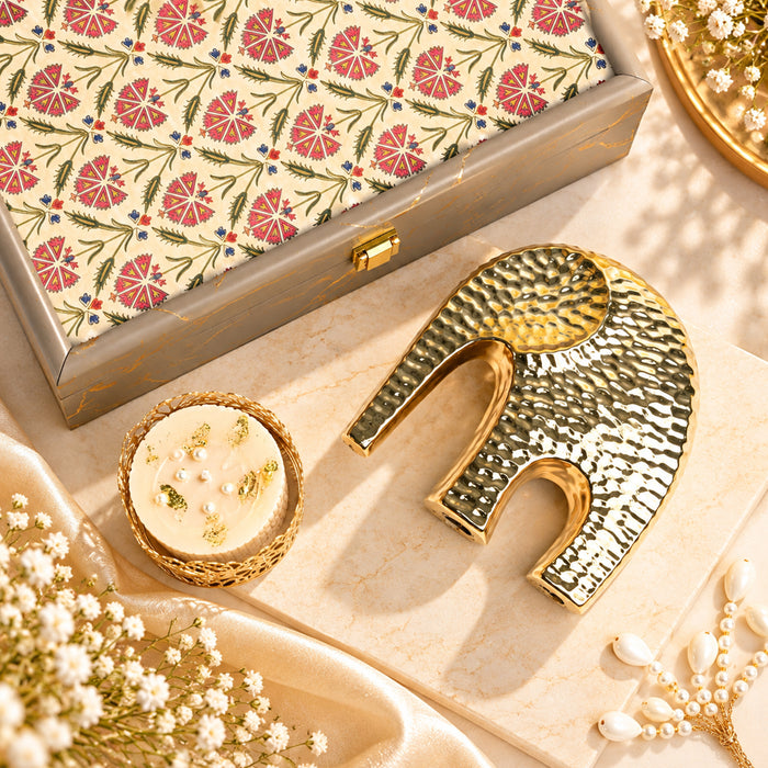 Diwali Luxury Gift Box with Gold Textured Elephant Figurine & Cutout Metal Votive Candle Holder in Satin-Lined Wooden Box