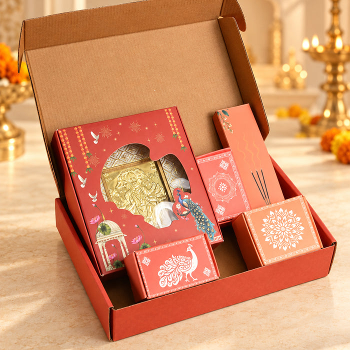 Diwali Pooja Gift Box with Brass Diya, Bell, Hanuman Chalisa Frame & Puja Accessories | Diwali Gift Hamper