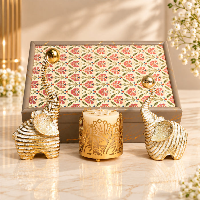 Diwali Luxury Gift Box with Gold Textured Elephant Figurine & Cutout Metal Votive Candle Holder in Satin-Lined Wooden Box