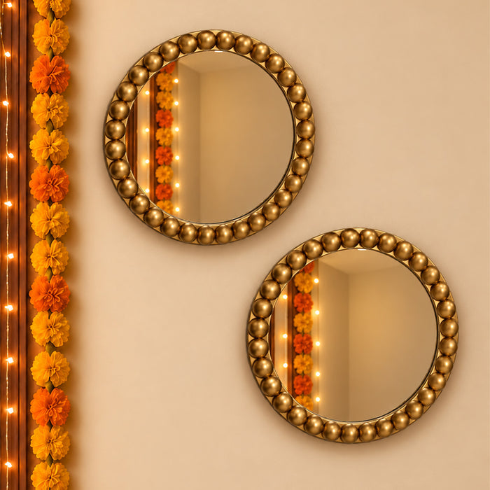 Round Wall Mirror Set of 2, Golden Beaded Frame Decorative Wall Mirrors for Living Room, Bedroom & Home Decor (10x10 Inch)
