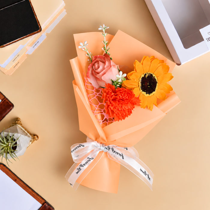Artificial Flower Bouquet with Sunflower, Rose & Carnation in Peach Wrap, Mini Floral Gift for Birthday, Anniversary & Special Occasions