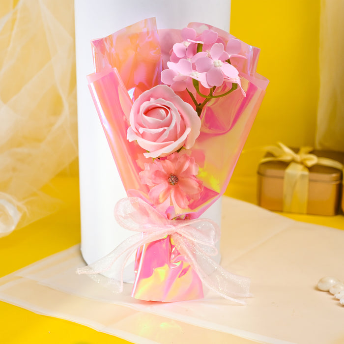 Pink Artificial Rose & Blossom Mini Bouquet, Elegant Floral Gift Wrapped in Pink Foil for Birthday, Anniversary, Valentine’s Day & Gifting
