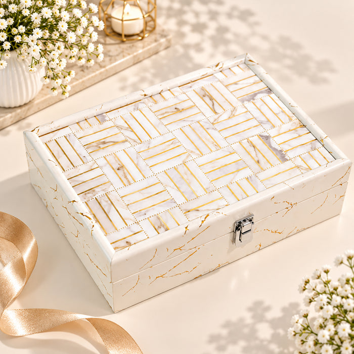 Art Street Lakshmi Ganesha Idol Set with White Marble Finish Box, Antique Gold Diwali Gift Box for Home Decor