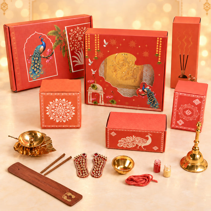Diwali Pooja Gift Box with Brass Diya, Bell, Hanuman Chalisa Frame & Puja Accessories | Diwali Gift Hamper