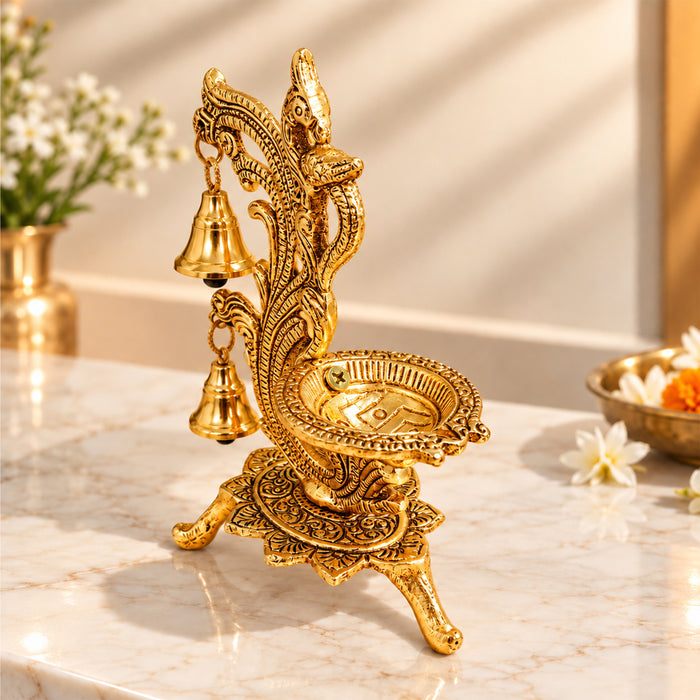 Diwali Peacock Diya Stand with Hanging Bells, Antique Decorative Oil Lamp for Pooja, Home Temple, Diwali & Festive Decoration