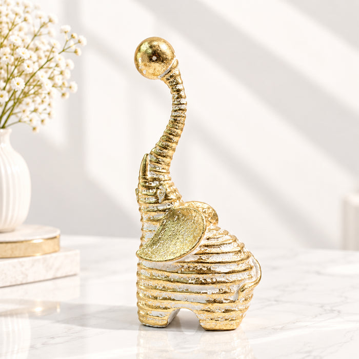 Set of 2 White & Gold Textured Resin Trunk Up Elephant Figurines, Decorative Tabletop Accent Statues for Home Decor (21x9 cm)