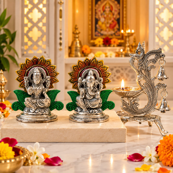 Lakshmi Ganesha Idol Set with Silver Peacock Diya Stand, Decorative Metal Puja Set for Temple Home Decor