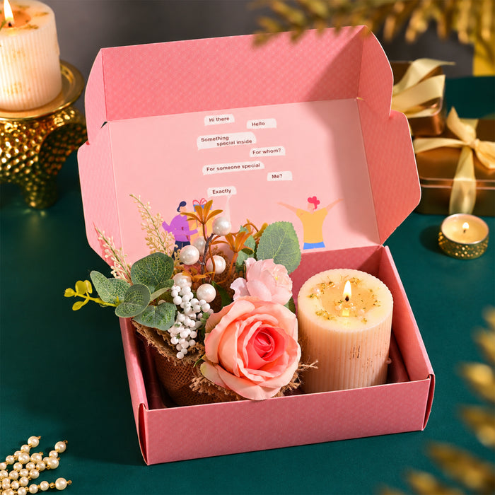 Diwali Gift Set with Pink Artificial Rose Pot, Scented Candle & Candle, Decorative Festive Gift Box for Diwali, Home Décor, Family & Friends Gifting