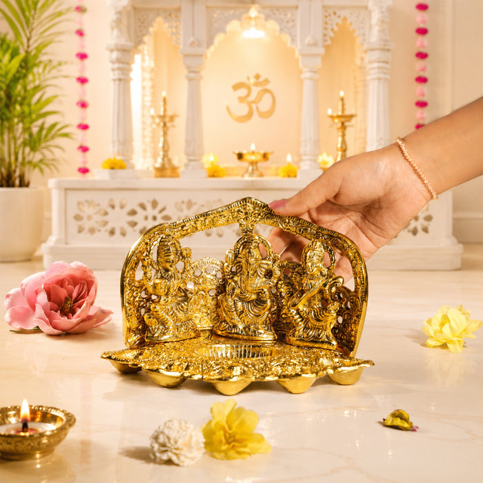 Gold Plated Laxmi Ganesh Saraswati Idol Statue Frame Set for Diwali Puja, Mandir, Home Decor & Festive Gifting