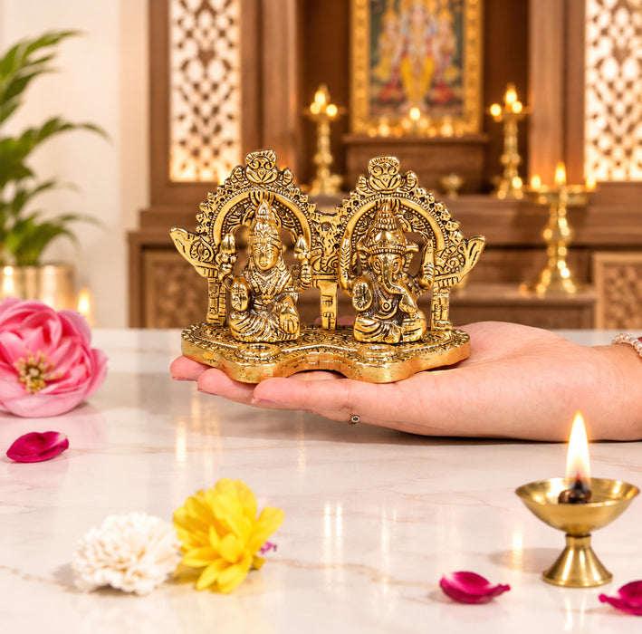 Antique Brass Laxmi Ganesh Statue Set, Metal Lakshmi Ganesha Idol Murti for Diwali Puja, Mandir & Gifting